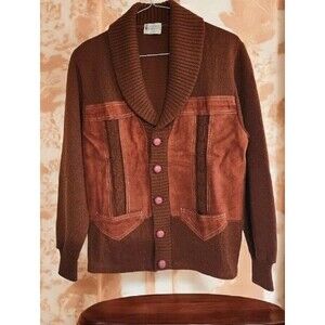 60s 100% Virgin Orlon Acrylic Cardigan with Suede Panels Retro Men's S Women's L
